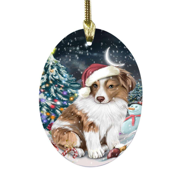 Have a Holly Jolly Christmas Happy Holidays Australian Shepherd Dog Oval Glass Christmas Ornament OGOR48073