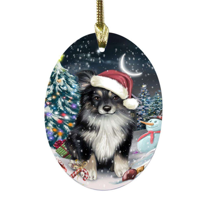Have a Holly Jolly Christmas Happy Holidays Australian Shepherd Dog Oval Glass Christmas Ornament OGOR48074