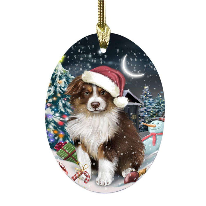 Have a Holly Jolly Christmas Happy Holidays Australian Shepherd Dog Oval Glass Christmas Ornament OGOR48075