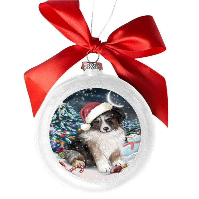 Have a Holly Jolly Christmas Happy Holidays Australian Shepherd Dog White Round Ball Christmas Ornament WBSOR48072