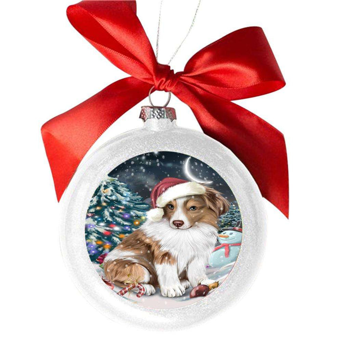 Have a Holly Jolly Christmas Happy Holidays Australian Shepherd Dog White Round Ball Christmas Ornament WBSOR48073
