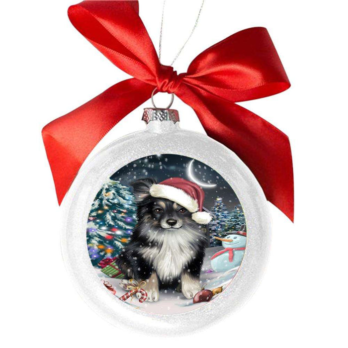 Have a Holly Jolly Christmas Happy Holidays Australian Shepherd Dog White Round Ball Christmas Ornament WBSOR48074