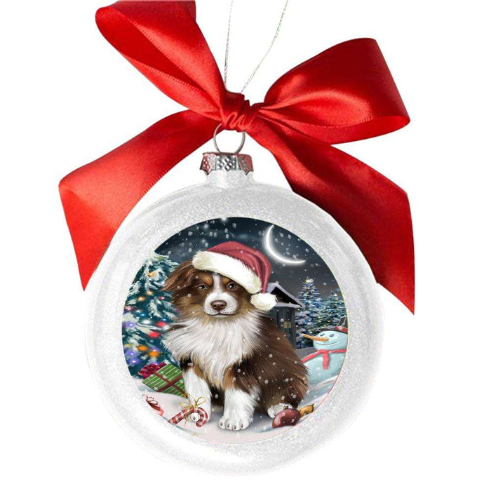 Have a Holly Jolly Christmas Happy Holidays Australian Shepherd Dog White Round Ball Christmas Ornament WBSOR48075