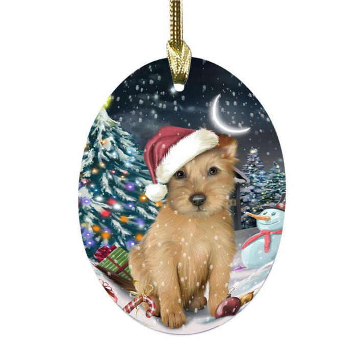 Have a Holly Jolly Christmas Happy Holidays Australian Terrier Dog Oval Glass Christmas Ornament OGOR48016