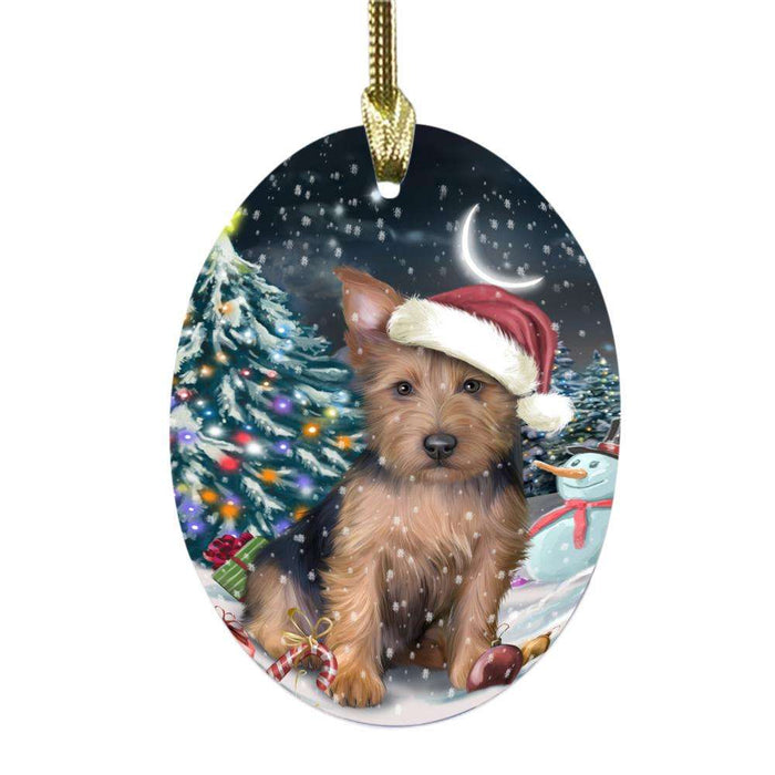 Have a Holly Jolly Christmas Happy Holidays Australian Terrier Dog Oval Glass Christmas Ornament OGOR48017