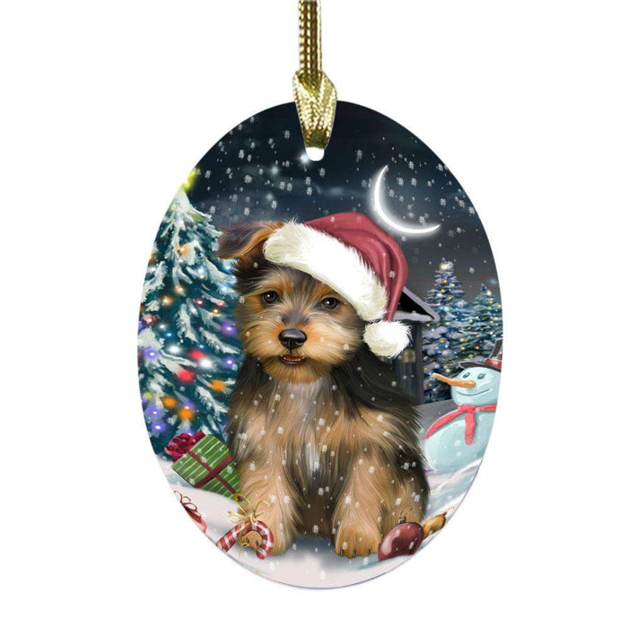 Have a Holly Jolly Christmas Happy Holidays Australian Terrier Dog Oval Glass Christmas Ornament OGOR48018