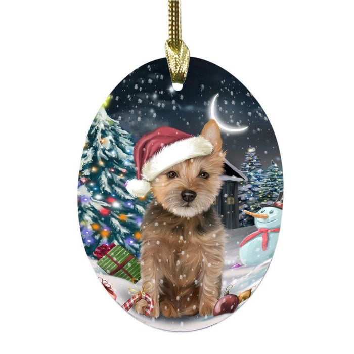 Have a Holly Jolly Christmas Happy Holidays Australian Terrier Dog Oval Glass Christmas Ornament OGOR48019