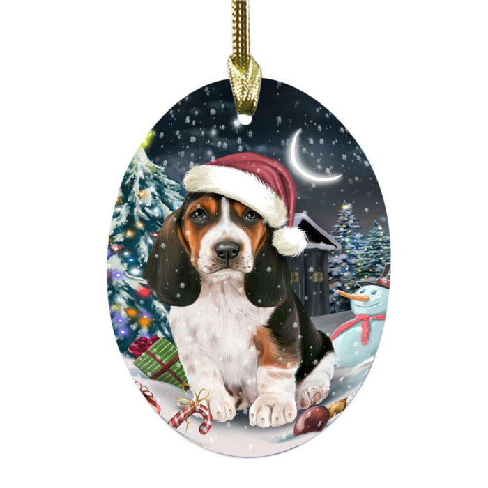 Have a Holly Jolly Christmas Happy Holidays Basset Hound Dog Oval Glass Christmas Ornament OGOR48076