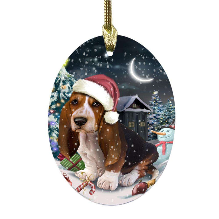 Have a Holly Jolly Christmas Happy Holidays Basset Hound Dog Oval Glass Christmas Ornament OGOR48077