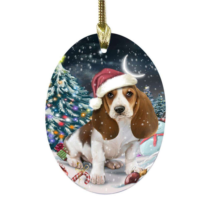 Have a Holly Jolly Christmas Happy Holidays Basset Hound Dog Oval Glass Christmas Ornament OGOR48078