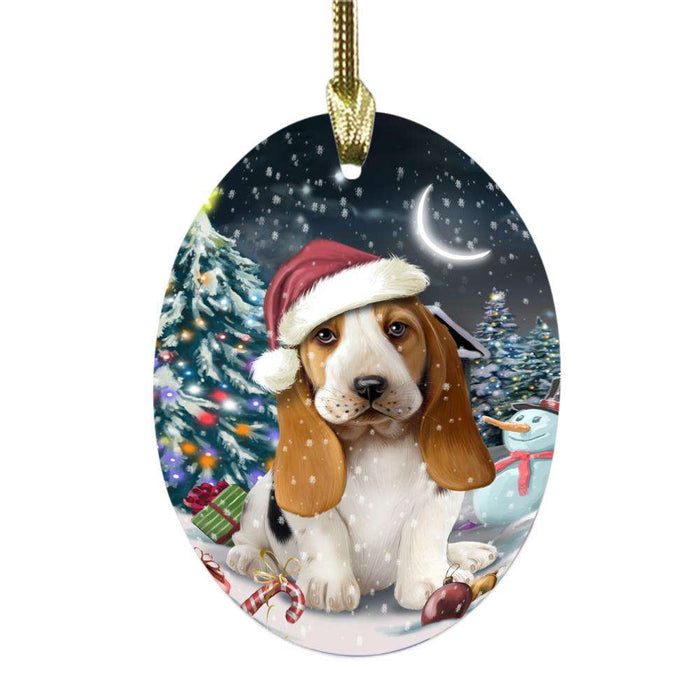 Have a Holly Jolly Christmas Happy Holidays Basset Hound Dog Oval Glass Christmas Ornament OGOR48079