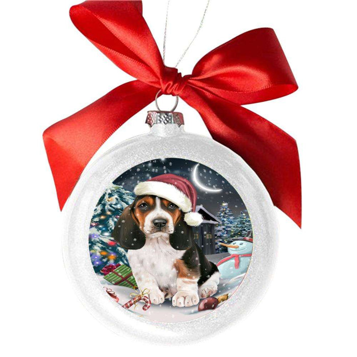 Have a Holly Jolly Christmas Happy Holidays Basset Hound Dog White Round Ball Christmas Ornament WBSOR48076