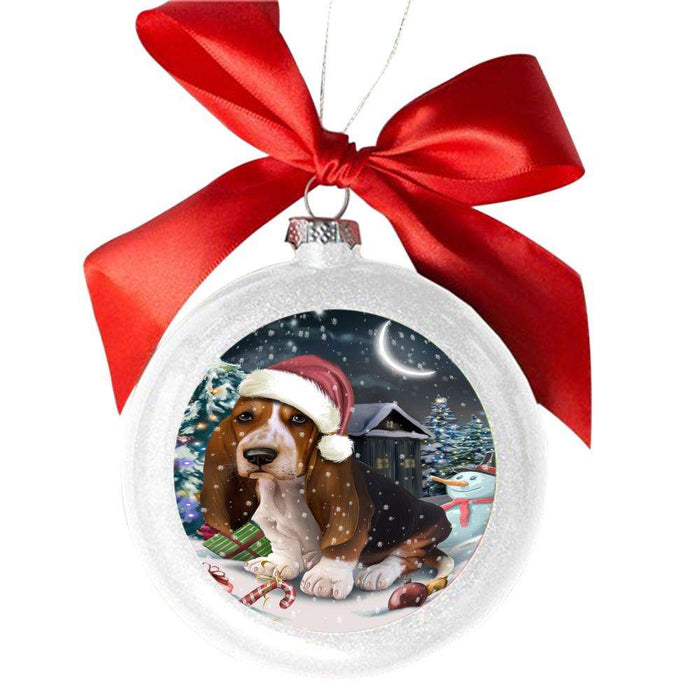 Have a Holly Jolly Christmas Happy Holidays Basset Hound Dog White Round Ball Christmas Ornament WBSOR48077
