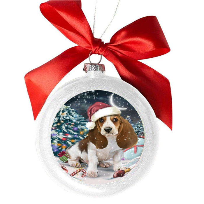 Have a Holly Jolly Christmas Happy Holidays Basset Hound Dog White Round Ball Christmas Ornament WBSOR48078