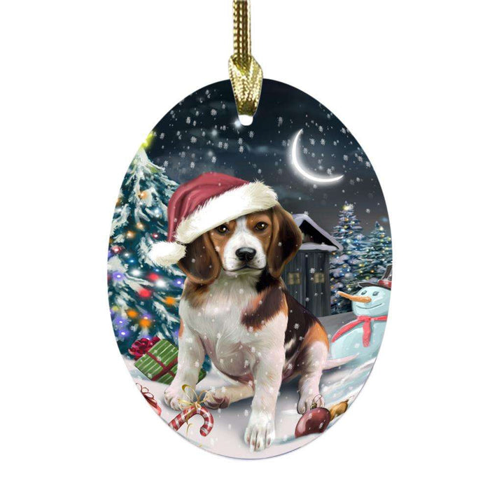Have a Holly Jolly Christmas Happy Holidays Beagle Dog Oval Glass Christmas Ornament OGOR48080