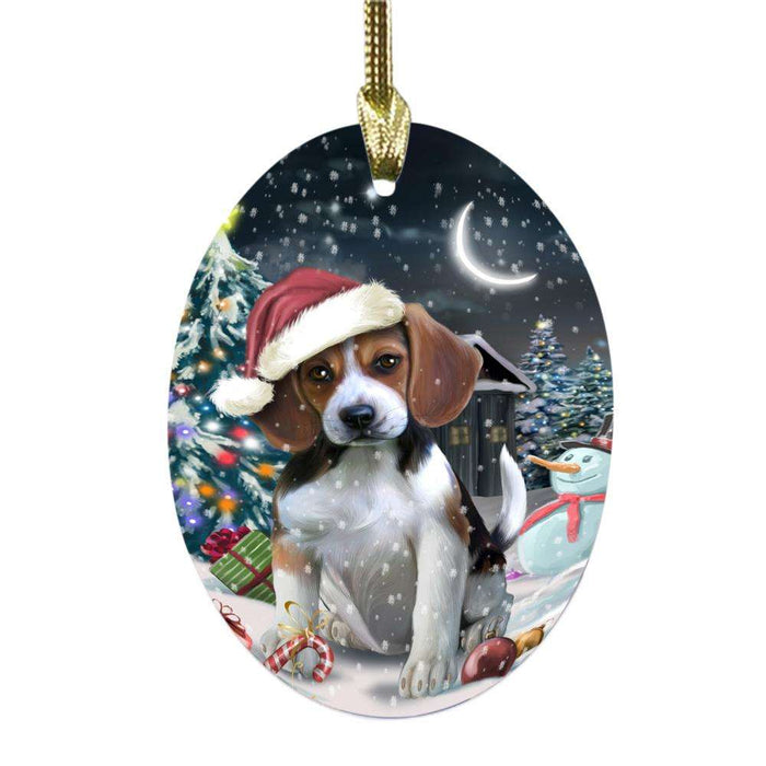 Have a Holly Jolly Christmas Happy Holidays Beagle Dog Oval Glass Christmas Ornament OGOR48081