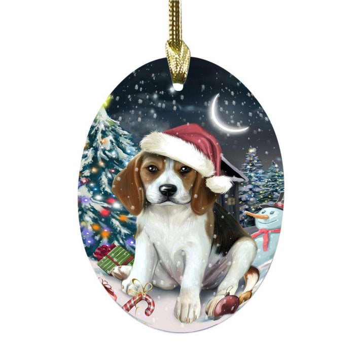 Have a Holly Jolly Christmas Happy Holidays Beagle Dog Oval Glass Christmas Ornament OGOR48082