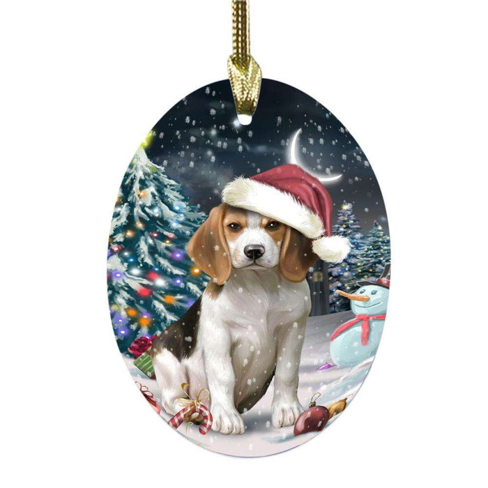 Have a Holly Jolly Christmas Happy Holidays Beagle Dog Oval Glass Christmas Ornament OGOR48083