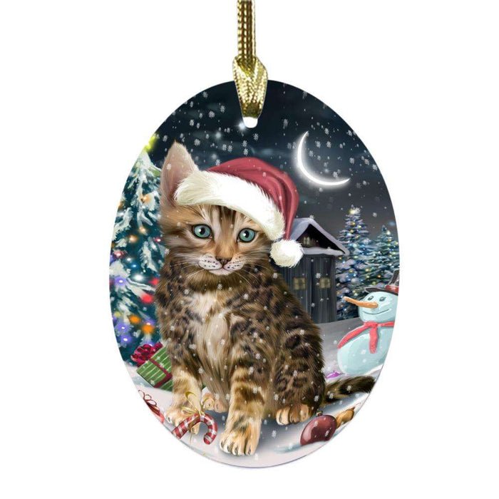 Have a Holly Jolly Christmas Happy Holidays Bengal Cat Oval Glass Christmas Ornament OGOR48024