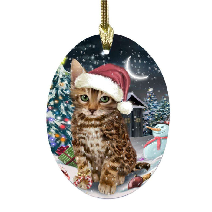 Have a Holly Jolly Christmas Happy Holidays Bengal Cat Oval Glass Christmas Ornament OGOR48025