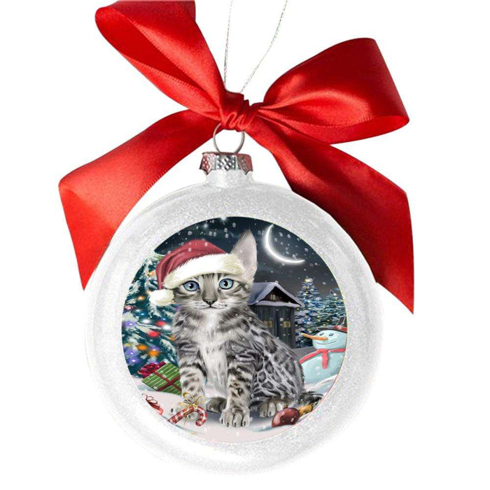 Have a Holly Jolly Christmas Happy Holidays Bengal Cat White Round Ball Christmas Ornament WBSOR48026