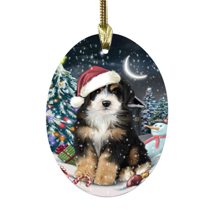 Have a Holly Jolly Christmas Happy Holidays Bernedoodle Dog Oval Glass Christmas Ornament OGOR48089