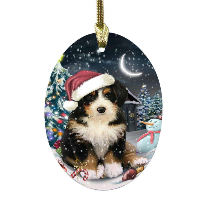 Have a Holly Jolly Christmas Happy Holidays Bernedoodle Dog Oval Glass Christmas Ornament OGOR48091