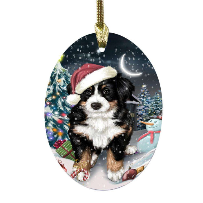 Have a Holly Jolly Christmas Happy Holidays Bernese Mountain Dog Oval Glass Christmas Ornament OGOR48028