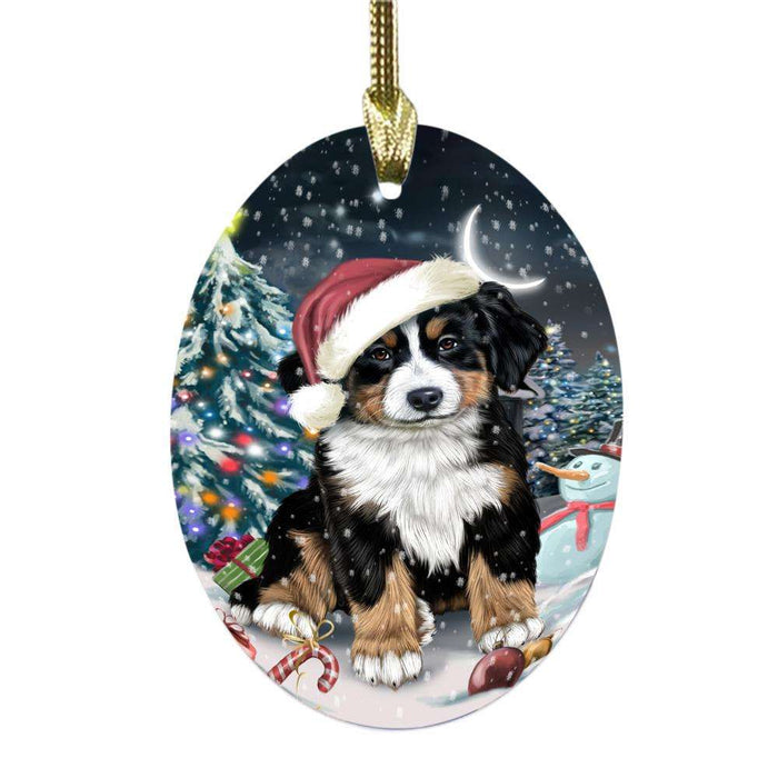 Have a Holly Jolly Christmas Happy Holidays Bernese Mountain Dog Oval Glass Christmas Ornament OGOR48029