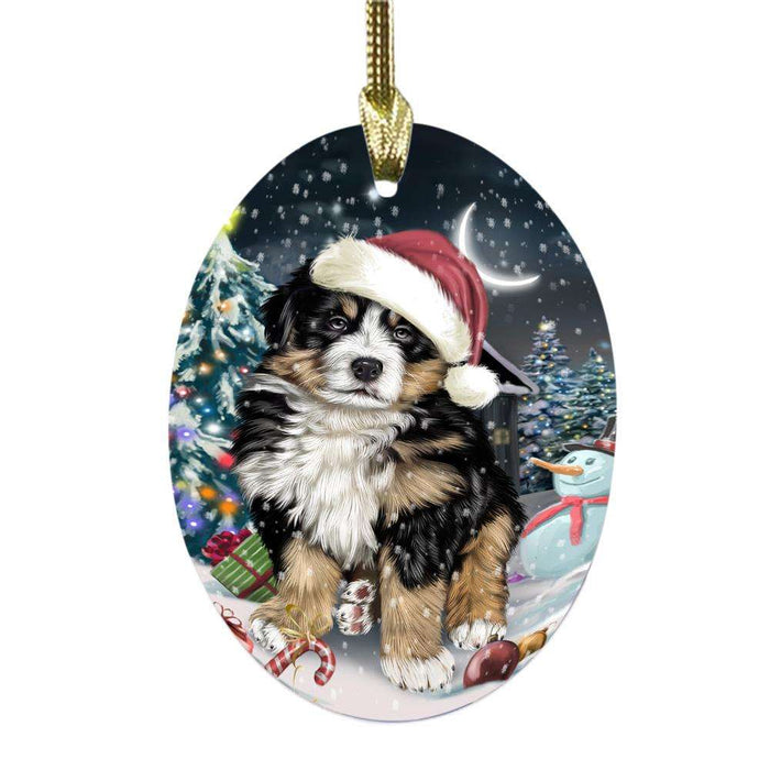 Have a Holly Jolly Christmas Happy Holidays Bernese Mountain Dog Oval Glass Christmas Ornament OGOR48030