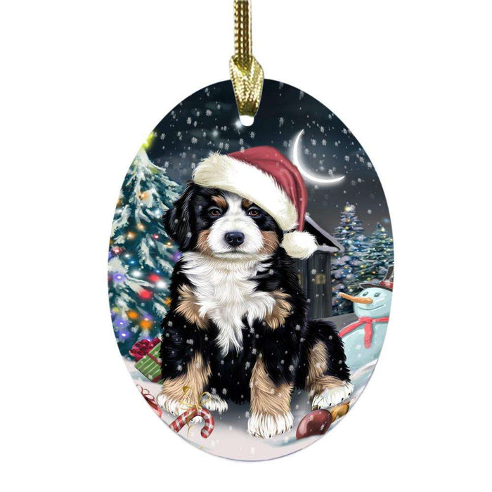 Have a Holly Jolly Christmas Happy Holidays Bernese Mountain Dog Oval Glass Christmas Ornament OGOR48031