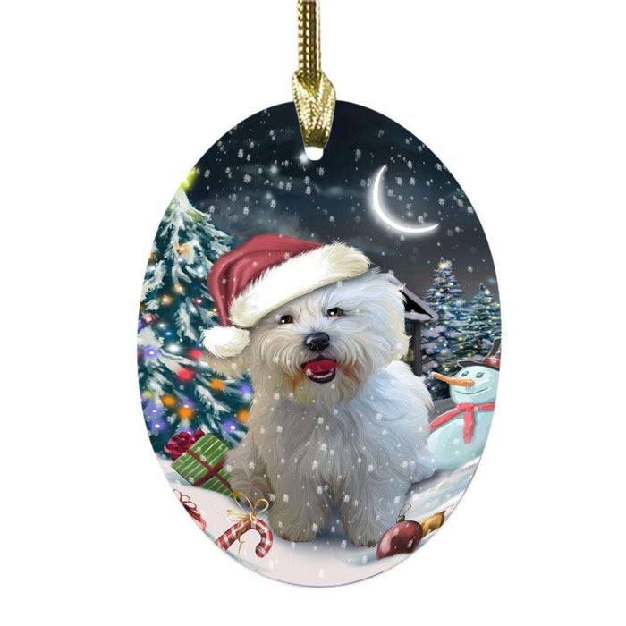 Have a Holly Jolly Christmas Happy Holidays Bichon Frise Dog Oval Glass Christmas Ornament OGOR48093