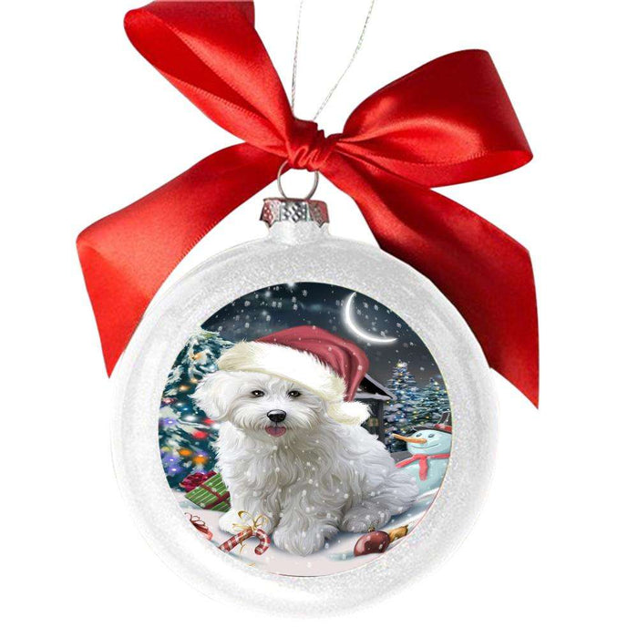 Have a Holly Jolly Christmas Happy Holidays Bichon Frise Dog White Round Ball Christmas Ornament WBSOR48092