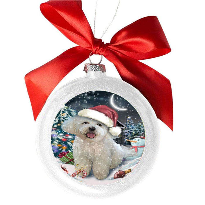 Have a Holly Jolly Christmas Happy Holidays Bichon Frise Dog White Round Ball Christmas Ornament WBSOR48094