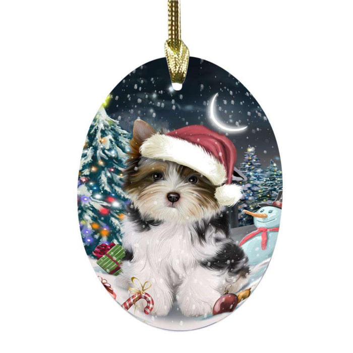 Have a Holly Jolly Christmas Happy Holidays Biewer Dog Oval Glass Christmas Ornament OGOR48032