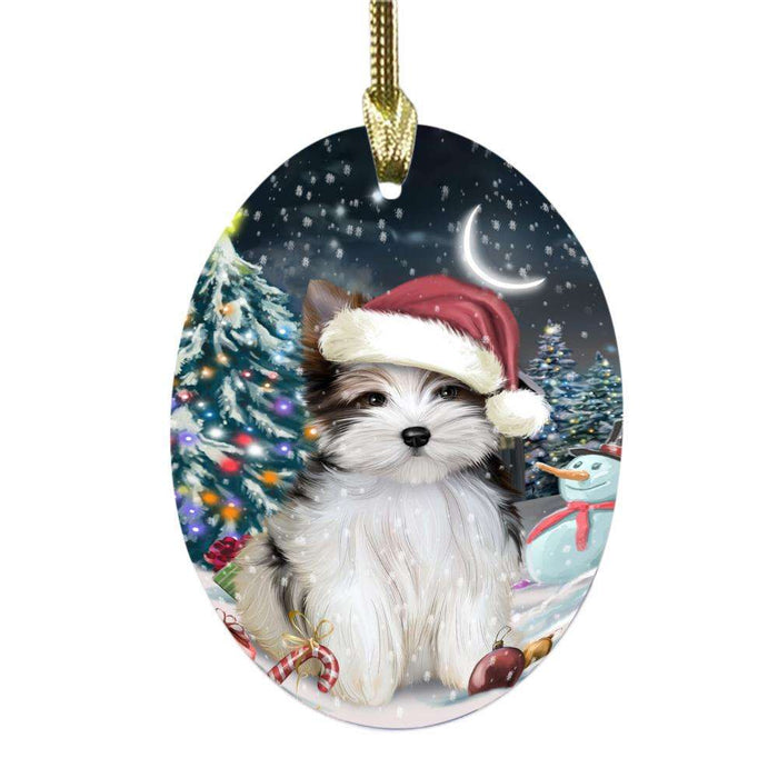 Have a Holly Jolly Christmas Happy Holidays Biewer Dog Oval Glass Christmas Ornament OGOR48033