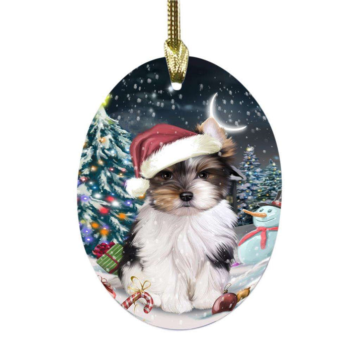 Have a Holly Jolly Christmas Happy Holidays Biewer Dog Oval Glass Christmas Ornament OGOR48034