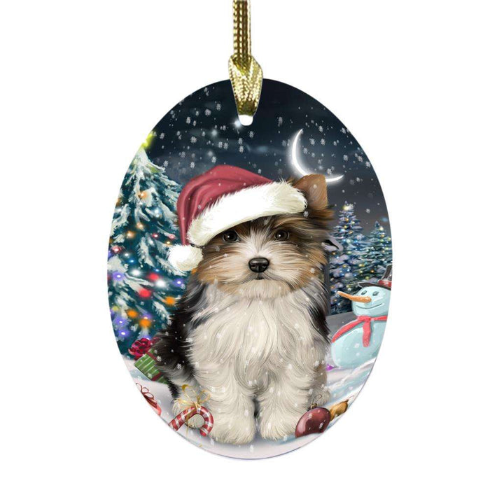 Have a Holly Jolly Christmas Happy Holidays Biewer Dog Oval Glass Christmas Ornament OGOR48035