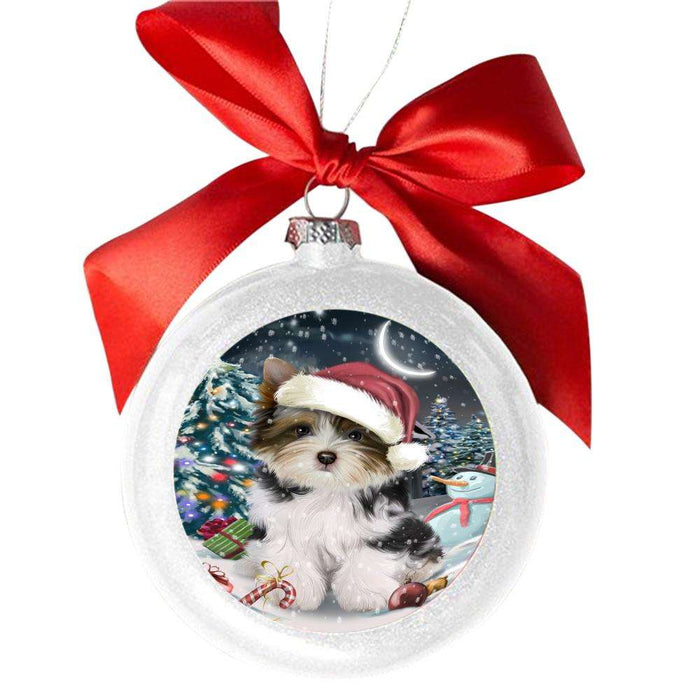 Have a Holly Jolly Christmas Happy Holidays Biewer Dog White Round Ball Christmas Ornament WBSOR48032