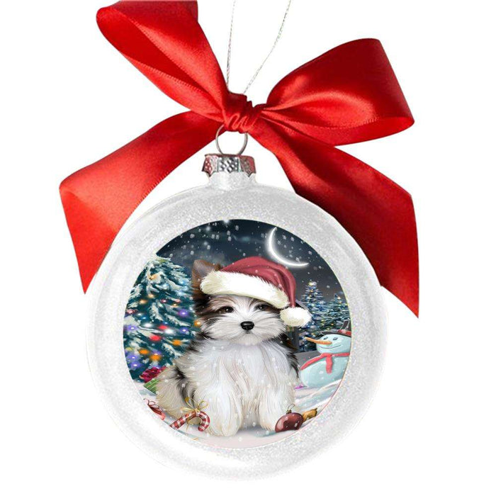 Have a Holly Jolly Christmas Happy Holidays Biewer Dog White Round Ball Christmas Ornament WBSOR48033