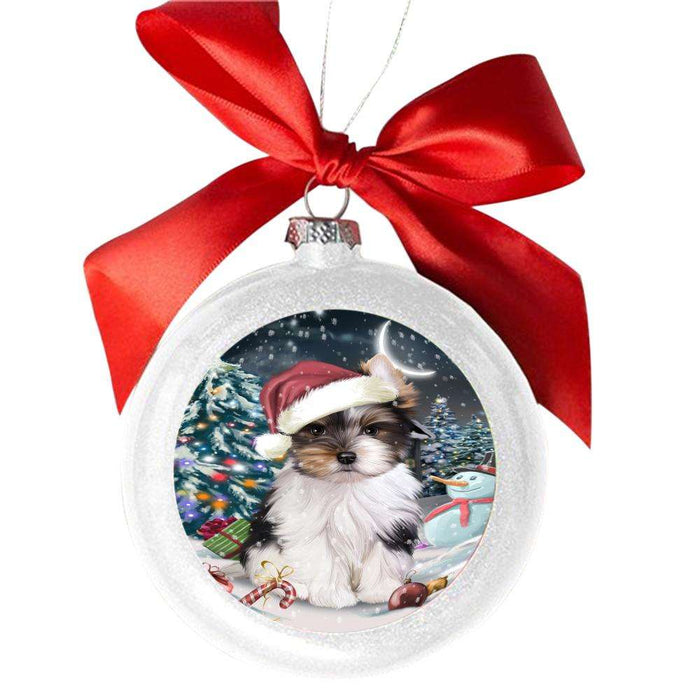 Have a Holly Jolly Christmas Happy Holidays Biewer Dog White Round Ball Christmas Ornament WBSOR48034