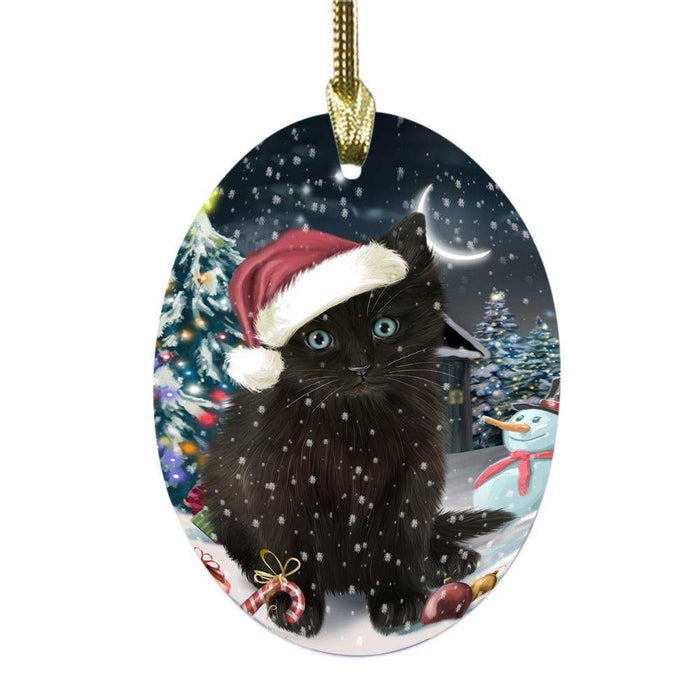 Have a Holly Jolly Christmas Happy Holidays Black Cat Oval Glass Christmas Ornament OGOR48036