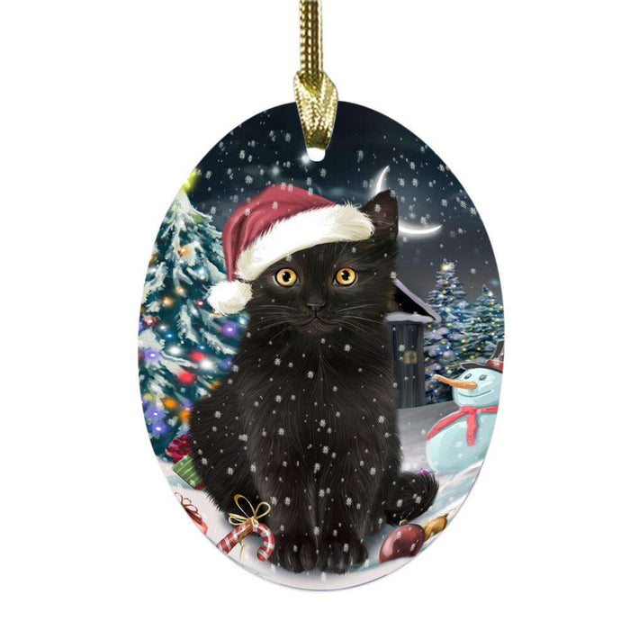 Have a Holly Jolly Christmas Happy Holidays Black Cat Oval Glass Christmas Ornament OGOR48037