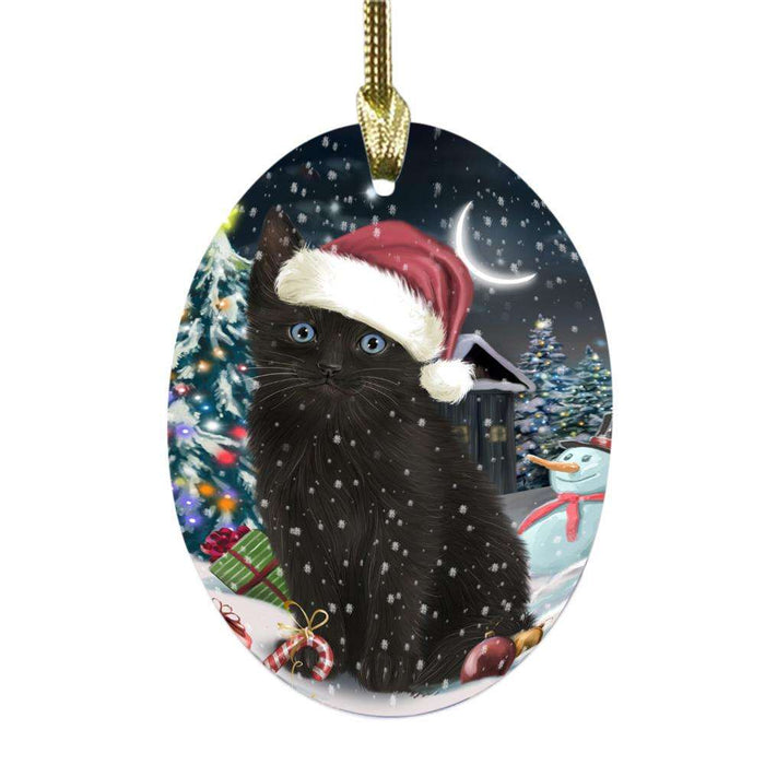 Have a Holly Jolly Christmas Happy Holidays Black Cat Oval Glass Christmas Ornament OGOR48038