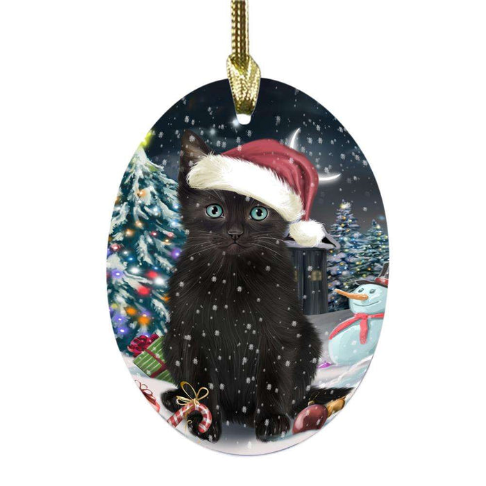 Have a Holly Jolly Christmas Happy Holidays Black Cat Oval Glass Christmas Ornament OGOR48039
