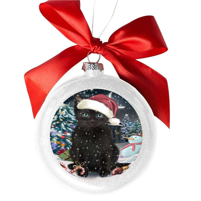 Have a Holly Jolly Christmas Happy Holidays Black Cat White Round Ball Christmas Ornament WBSOR48039