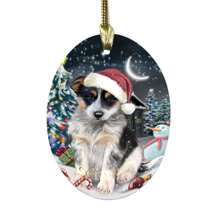 Have a Holly Jolly Christmas Happy Holidays Blue Heeler Dog Oval Glass Christmas Ornament OGOR48041