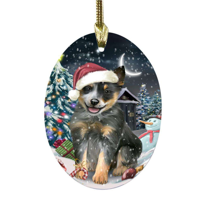 Have a Holly Jolly Christmas Happy Holidays Blue Heeler Dog Oval Glass Christmas Ornament OGOR48042