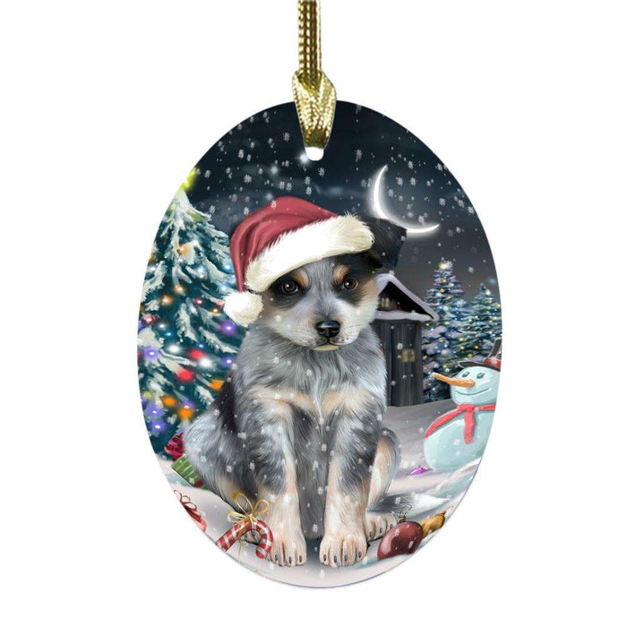 Have a Holly Jolly Christmas Happy Holidays Blue Heeler Dog Oval Glass Christmas Ornament OGOR48043