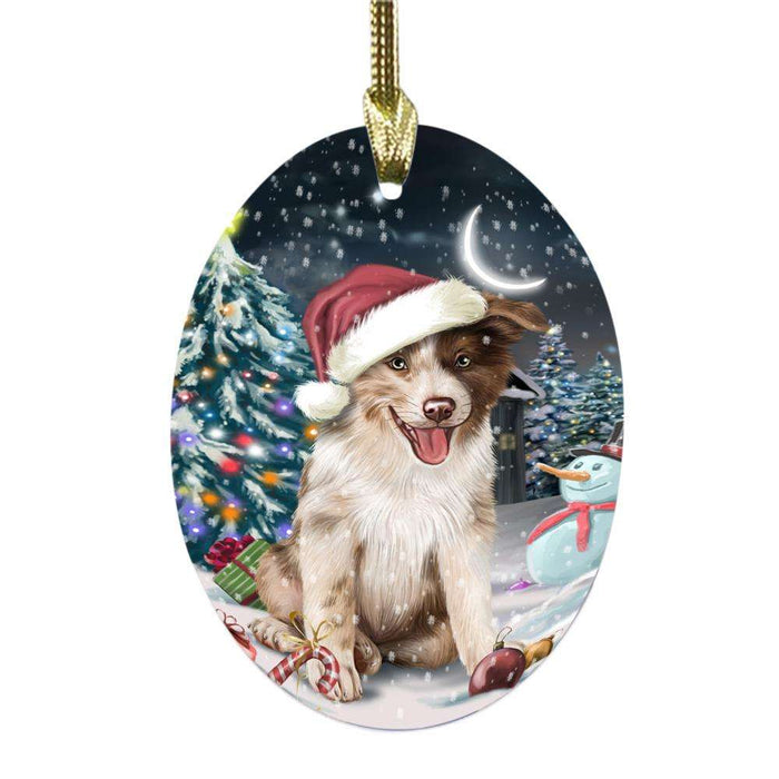 Have a Holly Jolly Christmas Happy Holidays Border Collie Dog Oval Glass Christmas Ornament OGOR48100